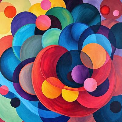 The primary subject of the image is a large, colorful painting featuring a variety of circles and other shapes. The setting is a wall, and the visual style appears to be a combination of digital art and illustration. The painting is vibrant and full of color, creating a lively and engaging atmosphere.